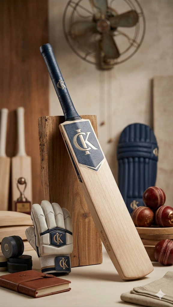 Luxury pro-grade cricket bat and protective batting gear collection.